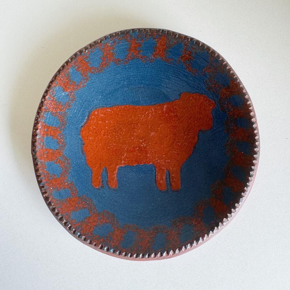 Vintage 80s Ned Foltz Redware Pottery Sponge Detail Folk Art Sheep Plate 7.5"